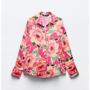 Zara Satin Shirt with Floral Print in Pink/Orange Multicolor